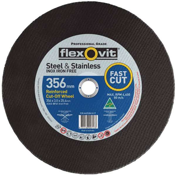 Flexovit Stainless Chop Saw Cut-Off Wheel Steel 356 x 3 x 25.4mm