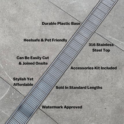 3000mm Plastic Strip Drain Kit with Stainless Steel Heelguard Grate – 75mm W x 23mm D