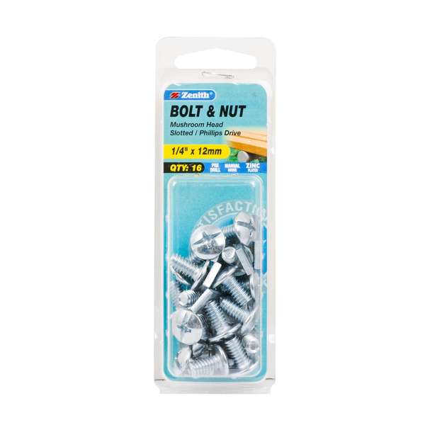 Zenith 1/4" x 12mm Zinc Plated Mushroom Head Bolt & Nut - 16 Pack