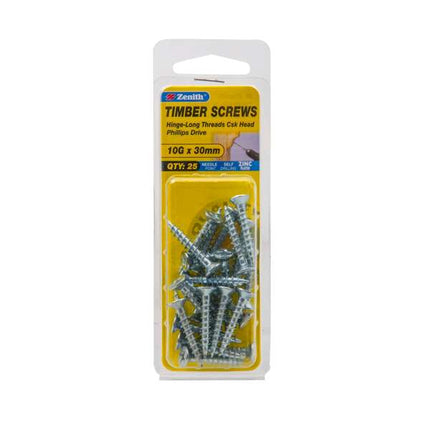 Zenith 10G x 30mm Zinc Plated Hinge-Long Threads Countersunk Timber Screws - 25 Pack