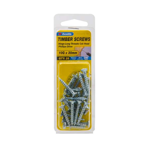 Zenith 10G x 30mm Zinc Plated Hinge-Long Threads Countersunk Timber Screws - 25 Pack