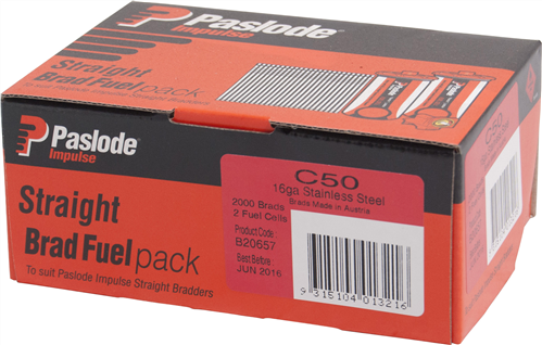 Paslode Impulse (Gas) Straight Brads 16G C-Series Stainless Steel BFP 3000pk - 50mm