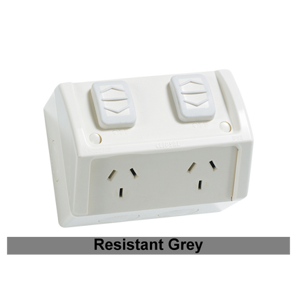 IP54 2 Gang 10A 250V Weatherproof Surface Power Point – Horizontal, Chemical Grey