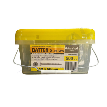 Macsim Type 17 Batten Hex Drive Galvanised Screw C3 14G x 75mm GAL Batten Screw T17 C3 TUB 500