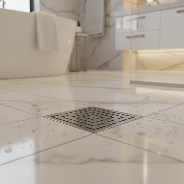 115mm Square Floor Drain – Stainless Steel, Line Pattern Grate, 95mm Outlet