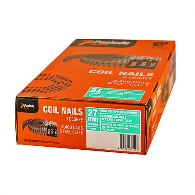 Paslode Coilmaster Cement Tile Underlay Nails Ring Hdg Hot Dipped Galv. 27 x 2.5mm 2400 & 3 Fuel Cells