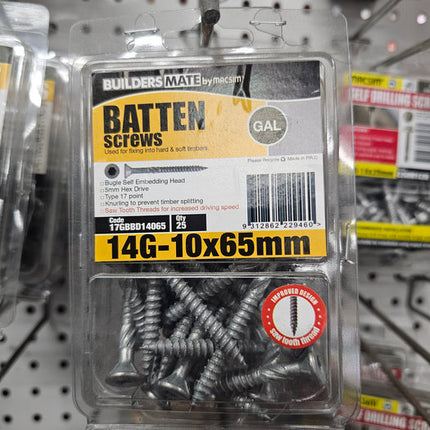 14G x 65mm Bugle Batten Screws – Galvanised, Hex Drive (10mm) – Box of 25