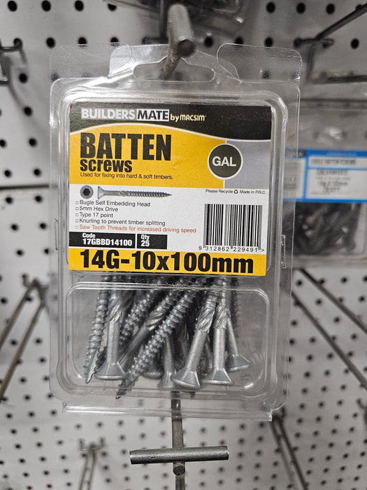 14G x 100mm Bugle Batten Screws – Galvanised, Hex Drive (10mm) – Box of 25