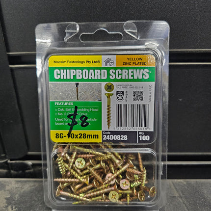8G x 28mm Zinc Plated Chipboard Screws – Countersunk Bugle Head, PH2 – Box of 1000