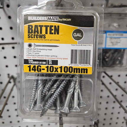 14G x 100mm Bugle Batten Screws – Galvanised – Box of 25 for Timber Battens & Framing