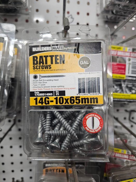 14G x 65mm Bugle Batten Screws – Galvanised – Box of 25 for Timber Battens & Framing