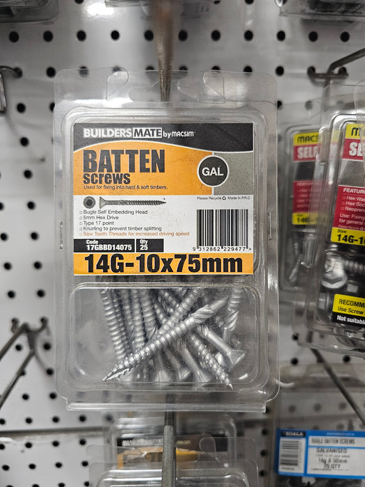 14G x 75mm Bugle Batten Screws – Galvanised, Hex Drive (10mm) – Box of 25