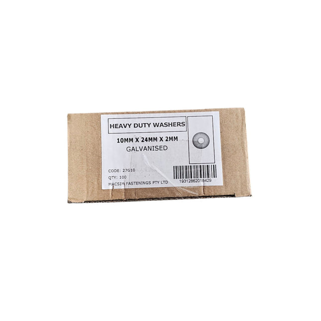 10mm ID x 24mm OD x 2mm Galvanised Flat Washers – Box of 100