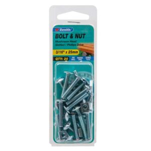 Zenith 3/16 inch x 25mm ZP Mushroom Head Bolt & Nut 20 Pack