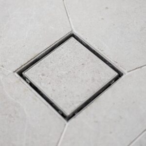 Square Bermuda Tile Insert Floor Waste – 100mm, Chrome Edge, 80mm Outlet