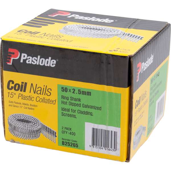 Paslode Plastic Collated Coil Nail – 50 x 2.5mm (15 Degree, Hot Dip Galvanised, 400 Pack)