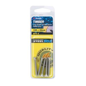 Zenith 10g x 38mm Stainless Steel Long Thread Countersunk Head Timber Screws 5 Pack