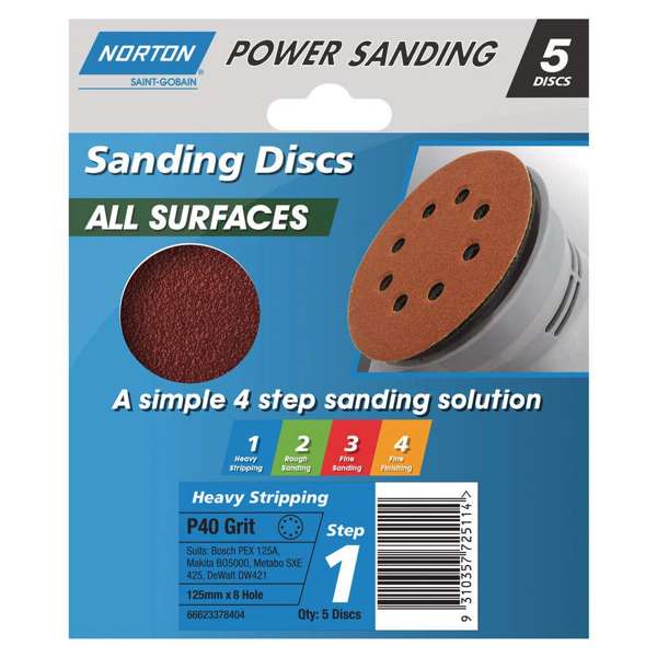 Norton Speedgrip Disc 125mm x 8H Step 1 P40 Grit 5 Pack