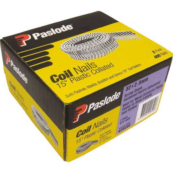 Paslode Electro Galvanised Hardened Plastic Collated Coil Nail – 32 x 2.5mm (15 Deg, Twin Pack)