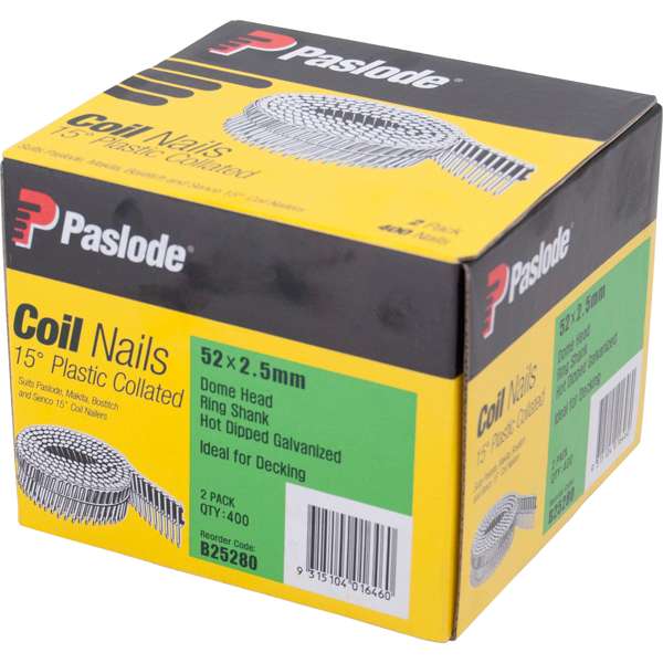 Paslode Dome Head Hot Dip Galvanised Plastic Collated Coil Nail – 52 x 2.5mm (15 Deg, 400 Pack)