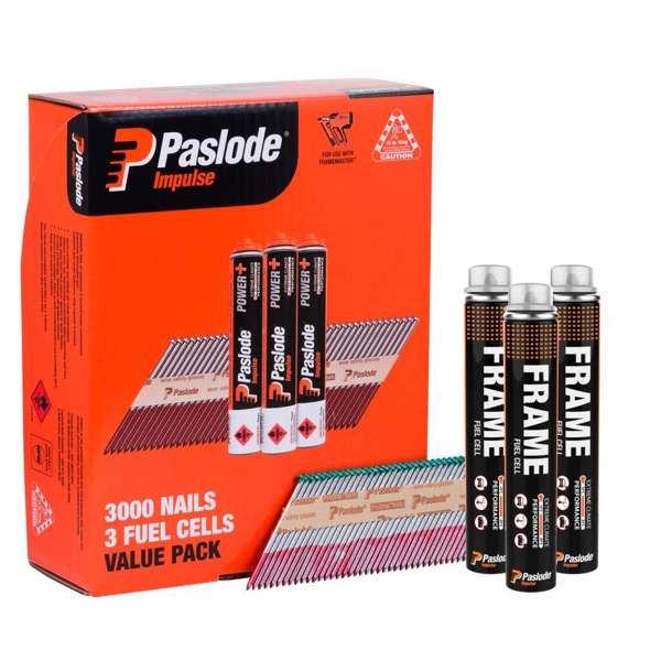 Paslode Impulse Hot Dipped Galvanised Nails – 75 x 3.06mm (3000 + 3 Fuel Cells)