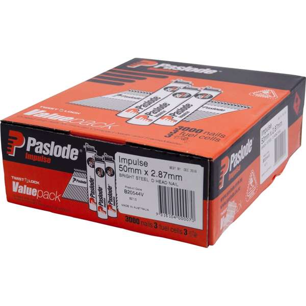 Paslode D Head Impulse Nails – 50 x 2.87mm (Bright, 3000 Pack)