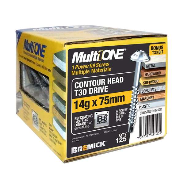 Bremick Screw MultiOne Contour Head Torx Drive 14g x 75mm 125 Pack
