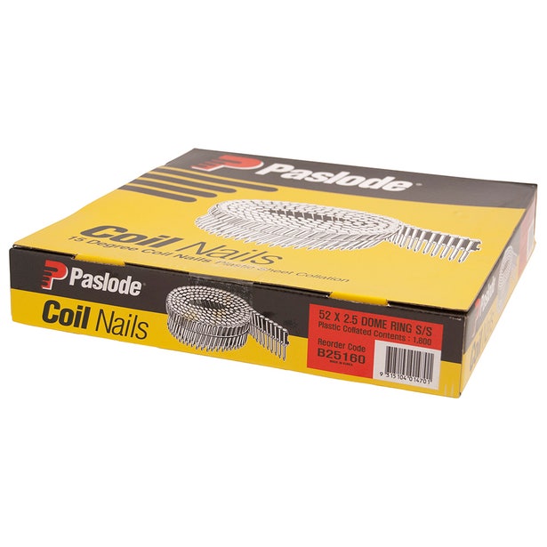 Paslode Stainless Steel Plastic Collated Coil Ring Dome – 52 x 2.5mm (15 Deg, 1800 Pack)