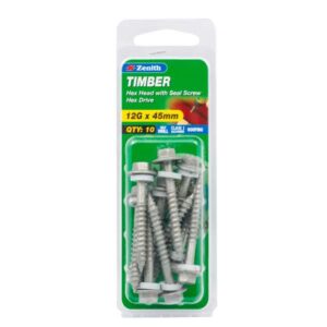 Zenith 12G x 45mm Galvanised Hex Head With Seal Timber Screws 10 Pack