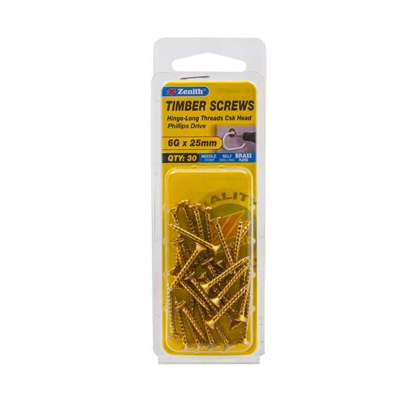 Zenith 6G x 25mm Brass Plated Hinge-Long Threads Countersunk Head Timber Screws 30 Pack