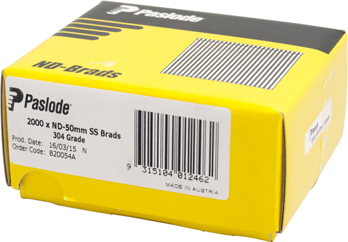 Paslode ND50 Stainless Steel Brads – 50mm (14G, 2000 Pack)
