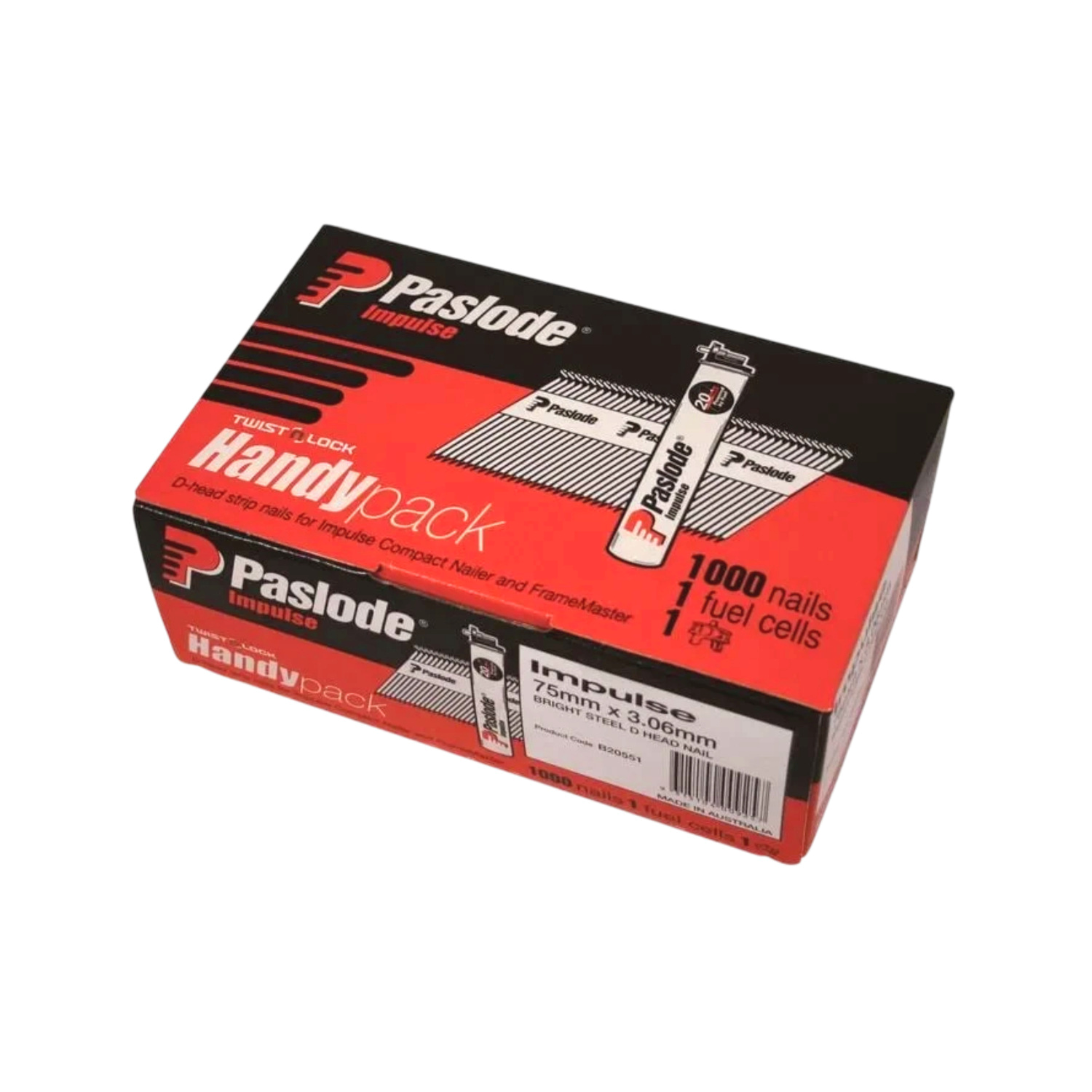 Paslode 75mm x 3.06mm Bright Impulse D Head Nails 1000 Pack + 1 Fuel Cell