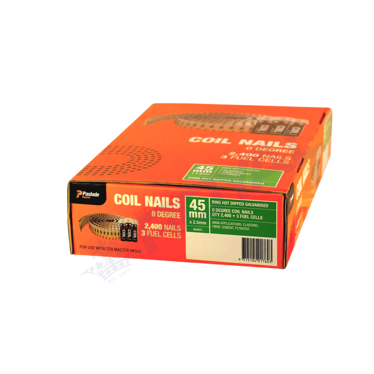 Paslode 45mm x 2.5mm HDG Ring Shank Coil Nails 2400 Pack + 3 Fuel Cells
