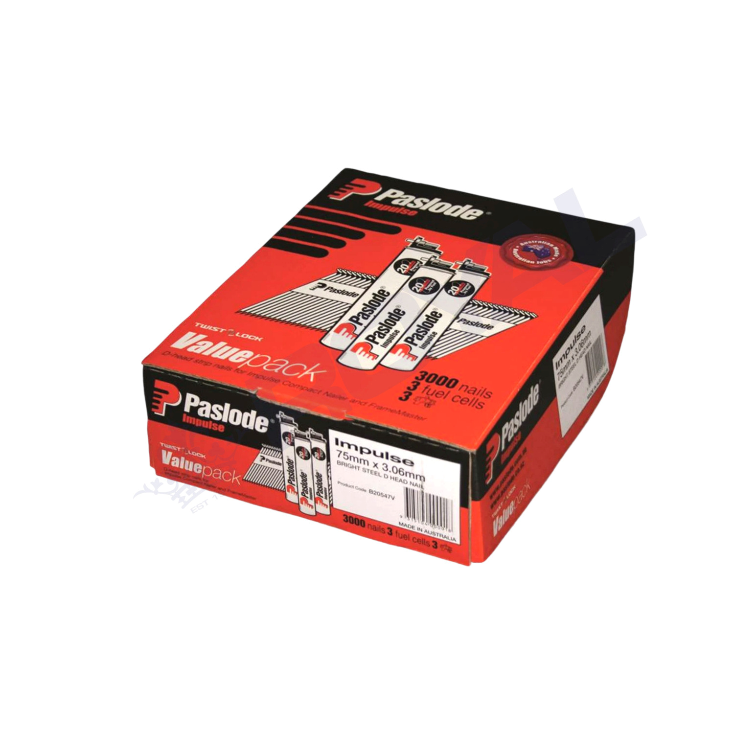 Paslode 75 x 3.06mm Bright D Head Impulse Nail 3000 Pack with 3 Fuel Cells