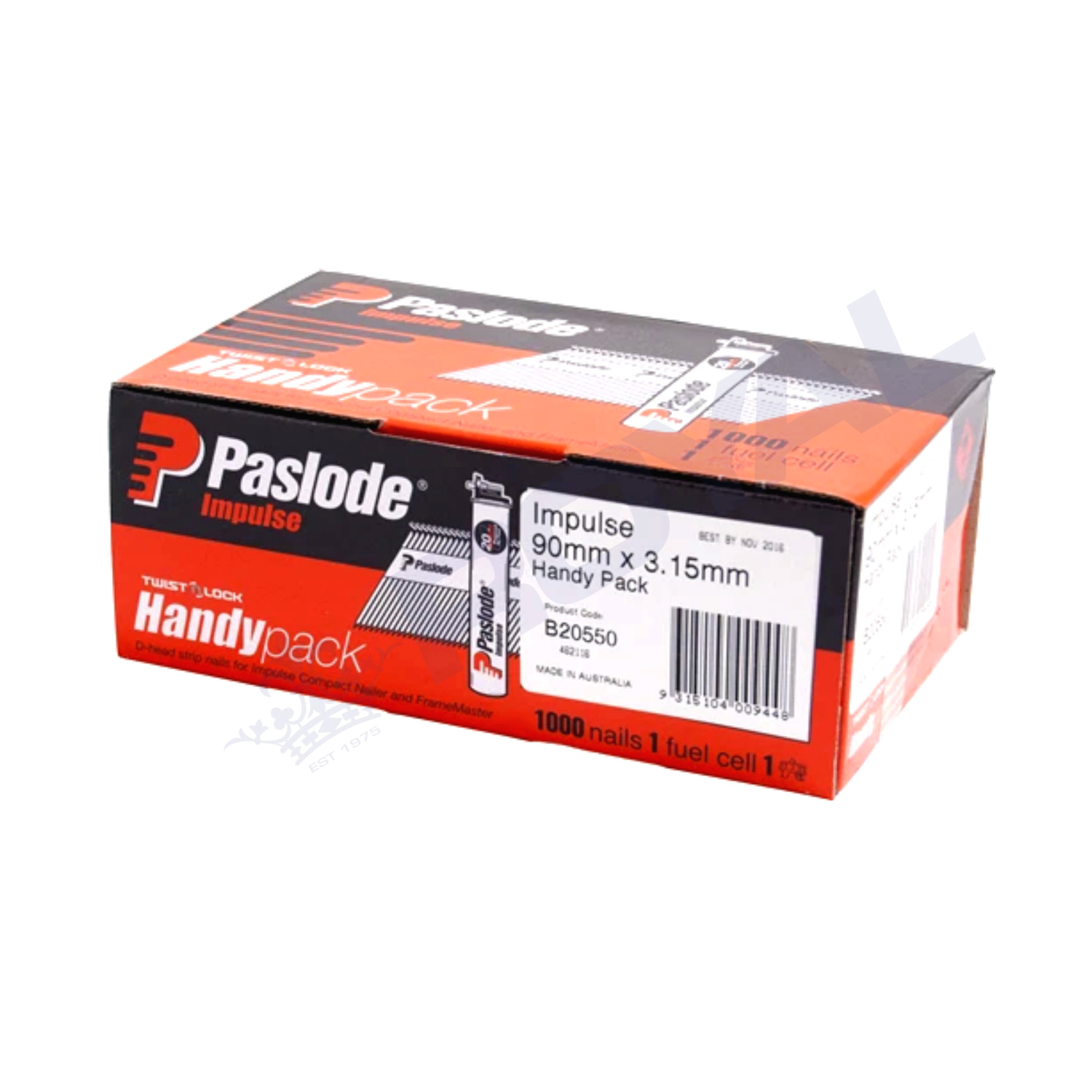 Paslode 90mm x 3.15mm Bright Impulse D Head Nails 1000 Pack + 1 Fuel Cell
