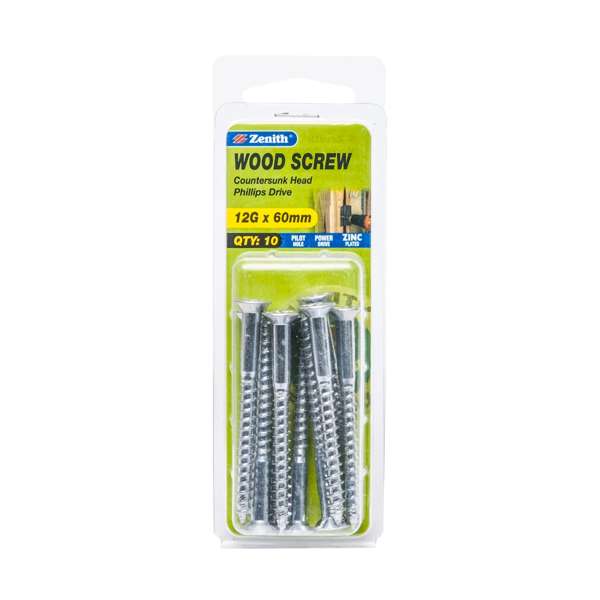 Zenith 12G x 60mm ZP Countersunk Head Wood Screws 10 Pack