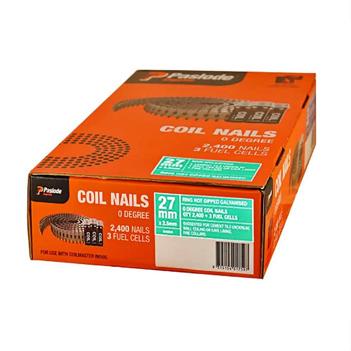 Paslode Coilmaster Cement Tile Underlay Nails – 27 x 2.5mm (Ring HDG, 2400 & 3 Fuel Cells)