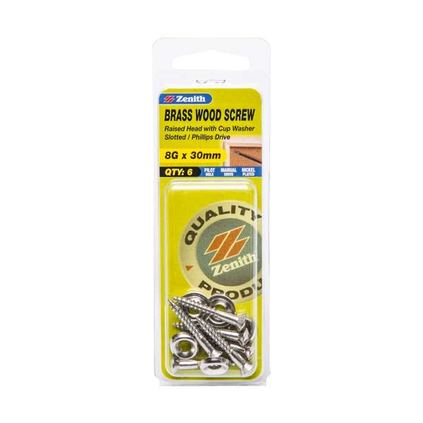 Zenith 8g x 30mm Nickel Plated Round Head Wood Screws With Cup Washer - 6 Pack