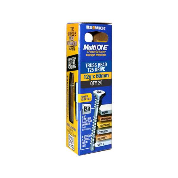 Bremick Screw MultiOne Countersunk Truss Head 25 B8 Coated 12g x 60mm - 20 Pack