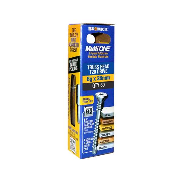 Bremick Screw MultiOne Countersunk Truss Head 20 B8 Coated 8g x 28mm 80 Pack