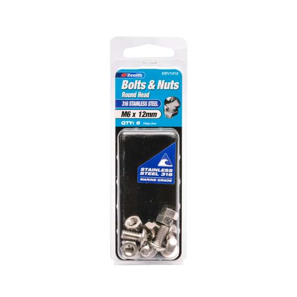 Zenith M6 x 12mm 316 Stainless Steel Round Head Bolt & Nut - 6 Pack