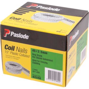 Paslode Plastic Collated Coil Nail – 45 x 2.5mm (15 Degree, Ring Shank, Hot Dip Galvanised, 400 Pack)