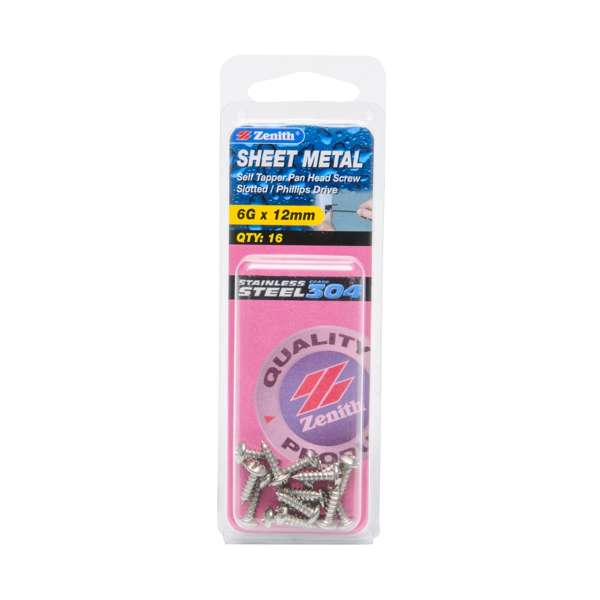 Zenith 6G x 12mm Stainless Steel Self Tapper Pan Head Sheet Metal Screws 16 Pack