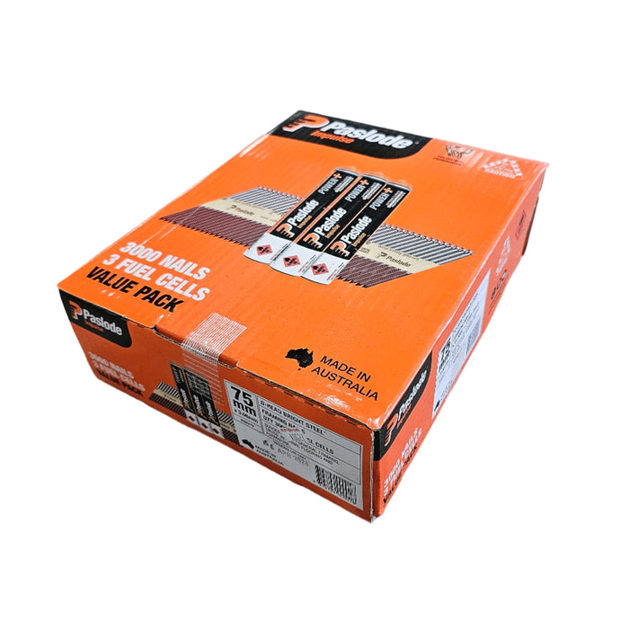 Paslode Gas Bright 75mm x 3.06mm D-Head Framing Nails 3000pc + 3 Fuel Cells