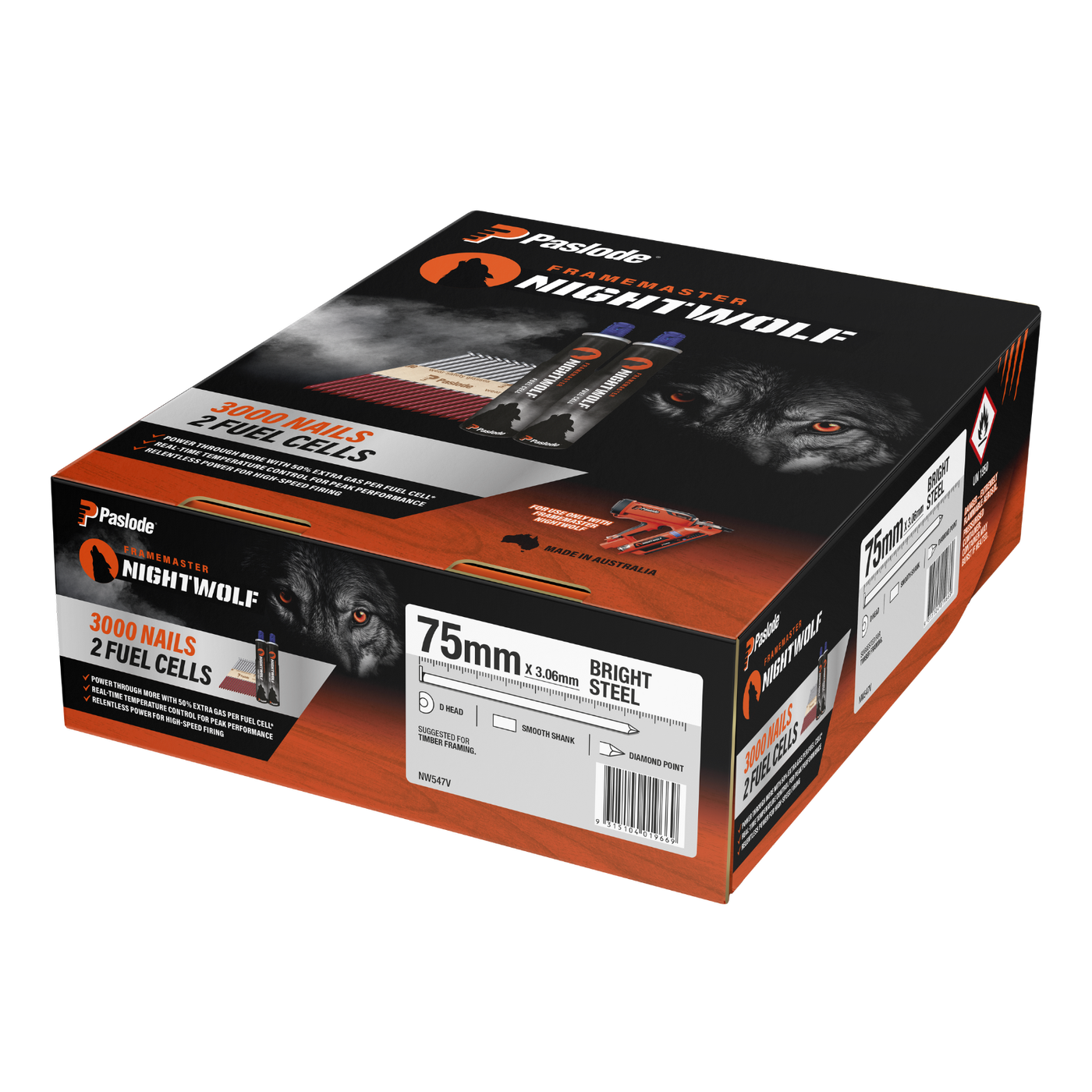 Paslode 75 x 3.06mm NightWolf Bright D-Head Smooth Nail - 3000 Pack