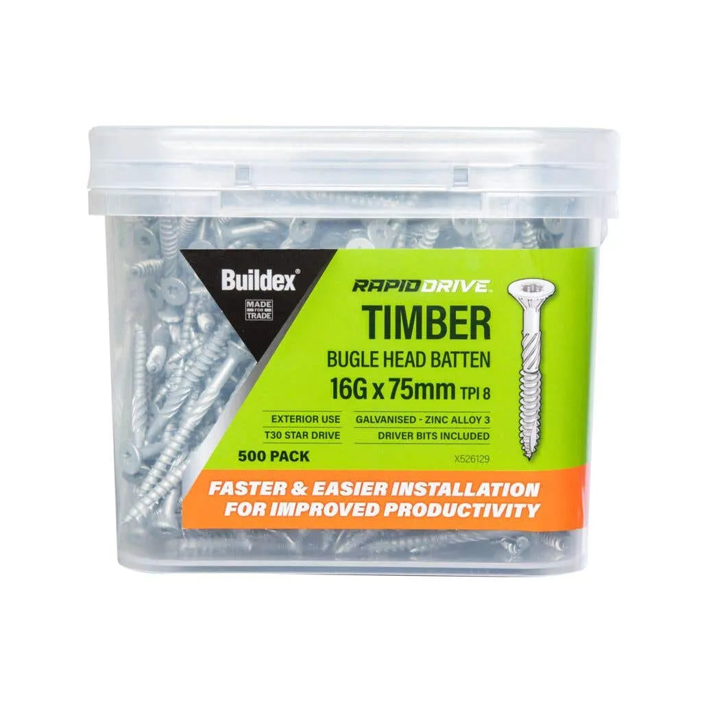 Buildex RapidDrive Zinc Alloy Bugle Head Batten Screws - 16-8G x 75mm 500pk