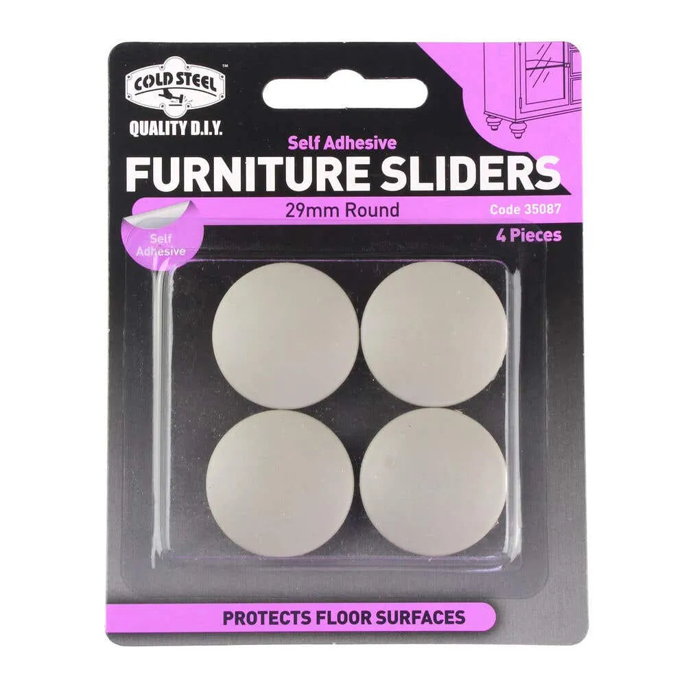 Cold Steel Round Plastic Furniture Sliders 29mm - 4 Pack