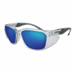 Rayzr Safety Glasses – Clear Frame – Blue Mirror Polarised