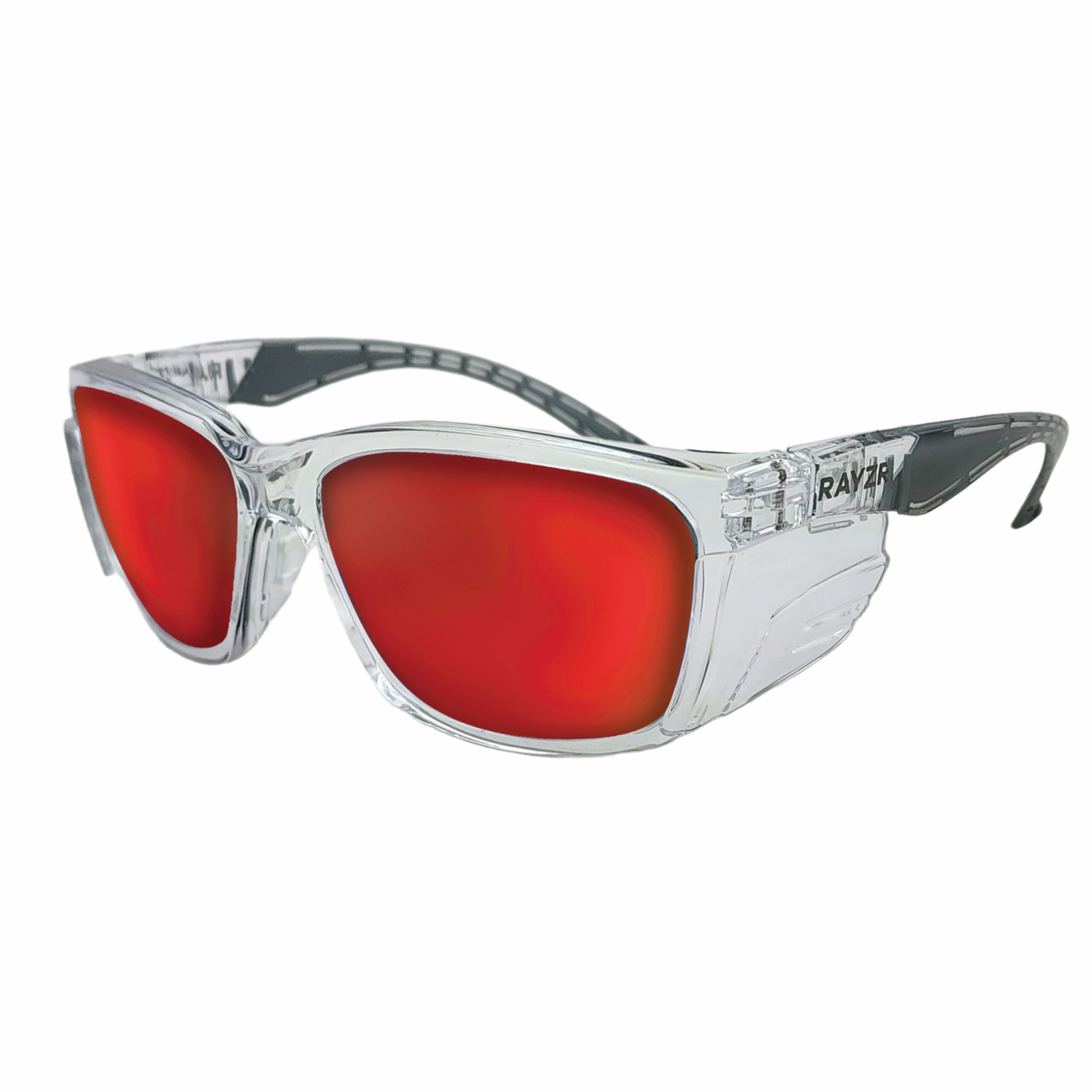 Rayzr Safety Glasses – Clear Frame – Red Mirror Polarised