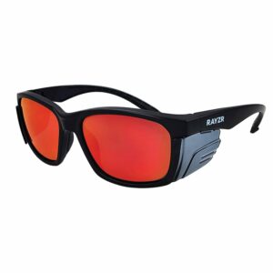 Rayzr Safety Glasses – Matte Black Frame – Red Mirror Polarised